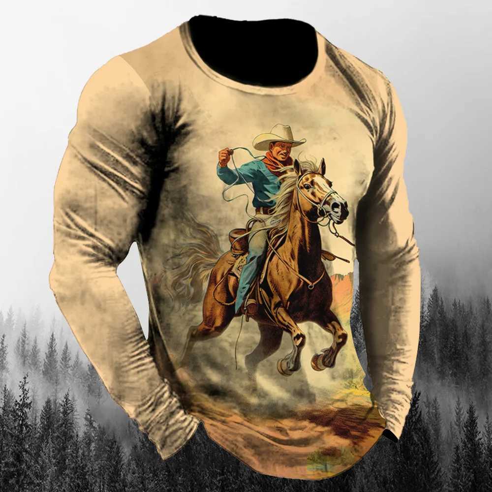 Western Cowboy Retro Tough Guy Style 3d Printing Spring And Autumn Mens Long Sleeved T-Shirt Relaxed And Fashionable Top 6xlXJ240819