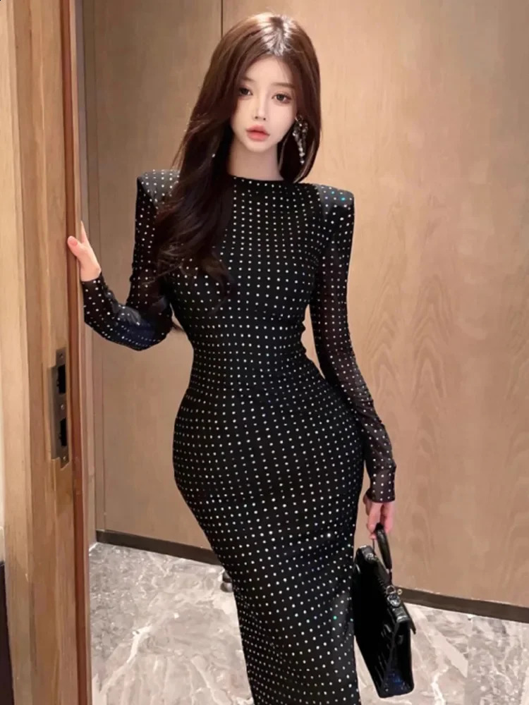 Ezgaga Sexy Dresses Women Bandage Sequins Slim Long Sleeve Temperament Stretch Elegant Party Dress Ladies Backless Vintage 240819