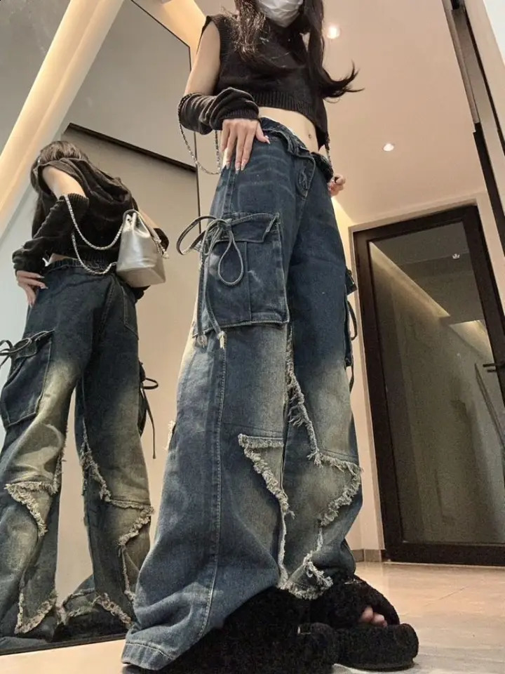 Autumn Winter Cargo Woman American High Strt Straight Barrel Jeans Five-pointed Star Embroidery Women Pants Z260313