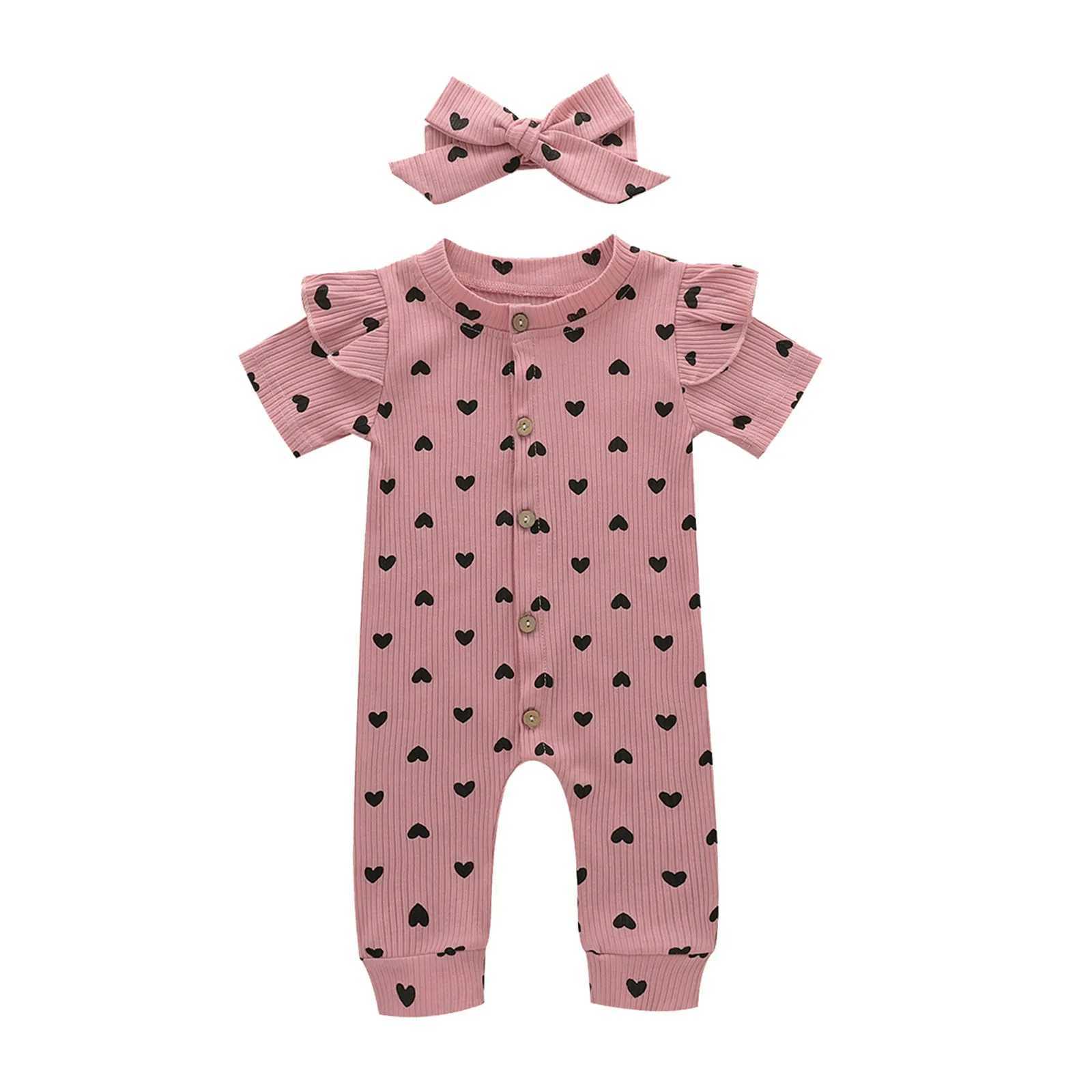 Day Romper Print Girls Valentines Hearts Infant Baby Ruffles Jumpsuit+Headbands Girls Romper Jumpsuit One Birthday Outfit Girls W240806