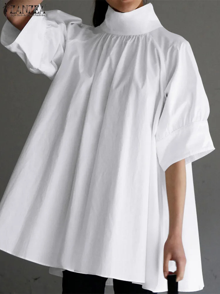 ZANZEA Elegant Womens High Neck Half Sleeve Shirt Summer Casual Loose Shirt Fashion Work OL Top Womens Party Blusas Chemise 240820