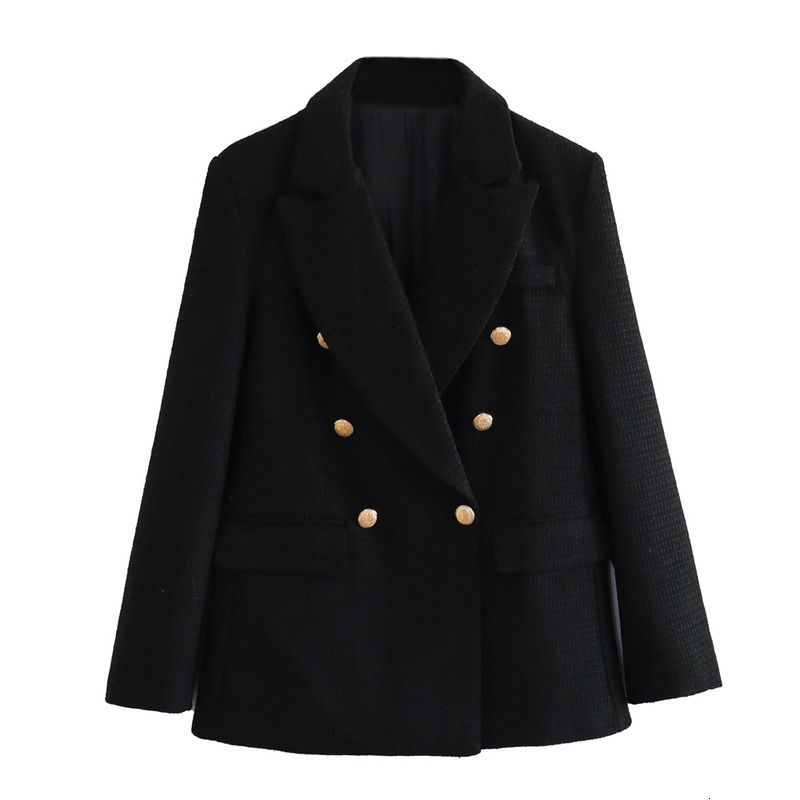 Womens Elegant Texture Double Chest Coarse Hemp Set Long Sleeve Pocket Jacket Fashion Street Top w240819