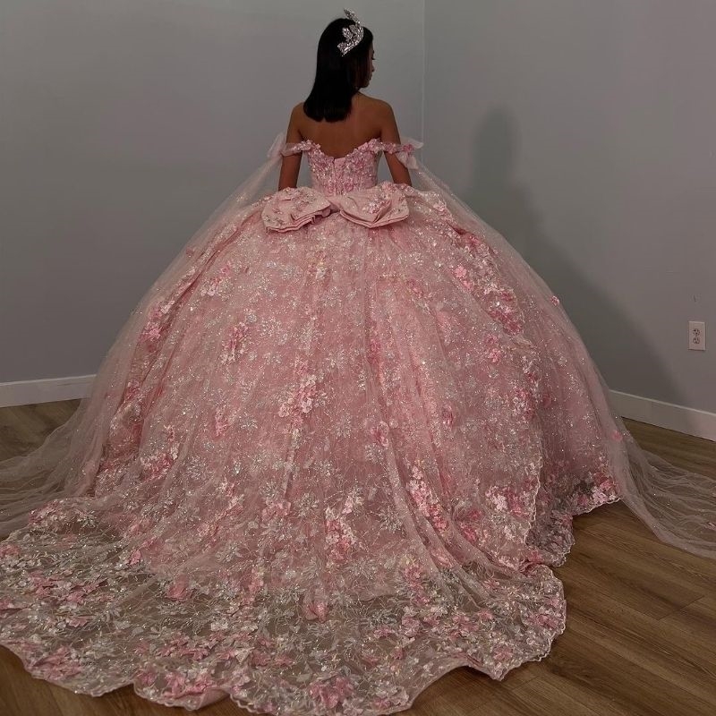 Pink Princess Sweetheart Quinceanera Dress Ball Gown Off the Shoulder Beads Appliques wer Tull Party Birthday Vestidos De 15 Anos