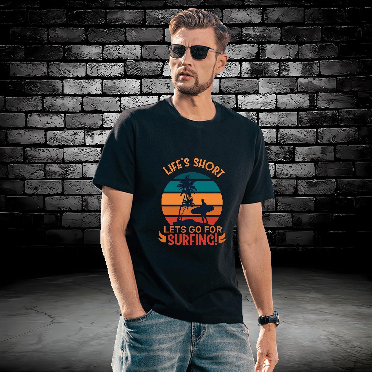 Free Shipping wave 100% Cotton 230g Men Clothes T-Shirt Casual Beach Crew Neck T-Shirts for Men Wholesale DIY Top Tees