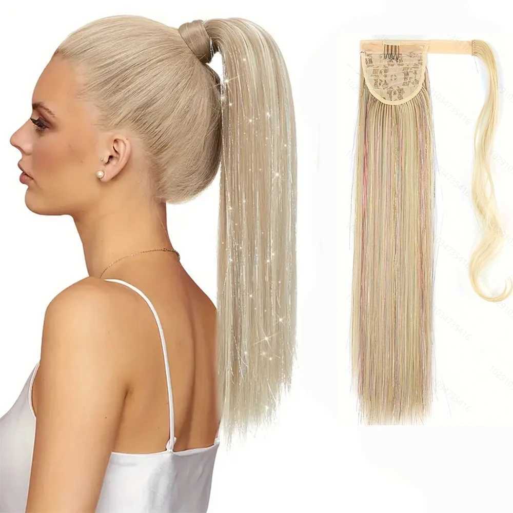 22 inch long and straight hair sparkling Tinsel ponytail wig extends around synthetic fiber hair suitable for women to use W240817