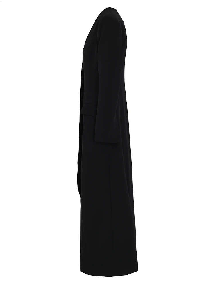Womens black button elegant long jacket Vneck sleeved loose fit fashion trend spring and autumn 7AB1239 240819