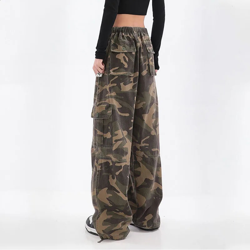 Streetwear Women Oversize Camouflage Cargo Pants Drawstring Elastic Waist Pockets Spring Autumn Vintage Fashion Casual Trousers Z260314