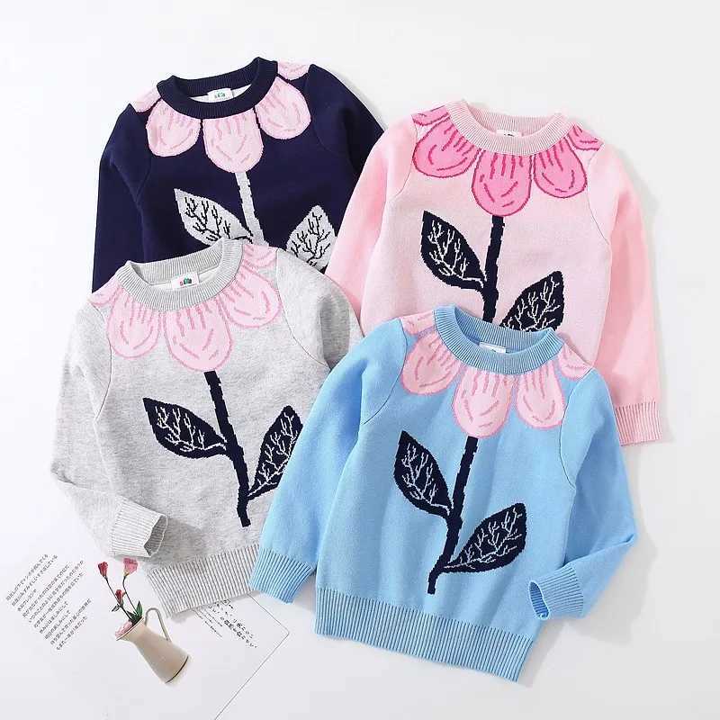 2023 Autumn Winter 3 4 5 6 8 10 Years Kids Children O-Neck Long Sleeve Big Flower Floral Baby Girl Knitted Pullover SweaterXJ240819