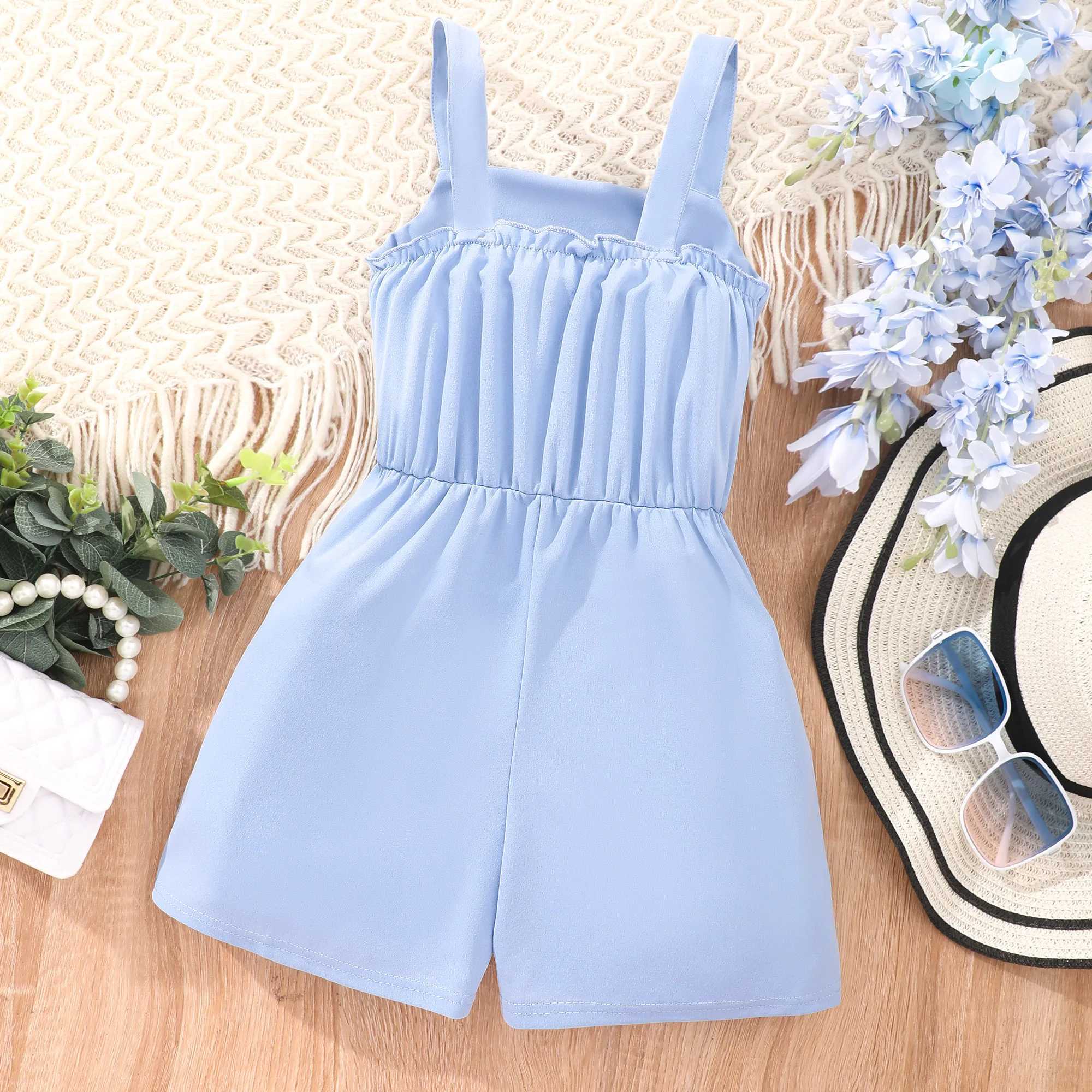 Girls casual solid button decoration sleeveless jumpsuit summer gift W240806