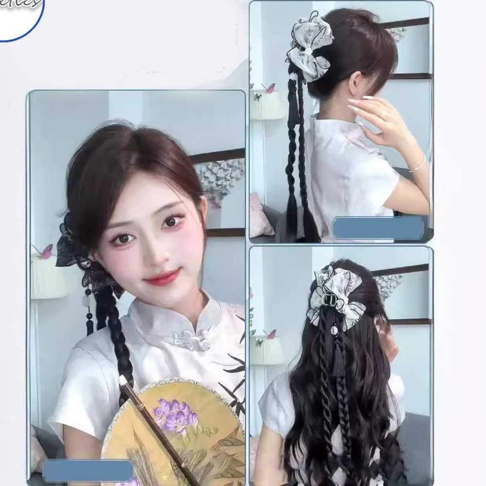 Chinese style bow clip style ponytail synthetic Wigs womens retro gentle boxing chest braid hair extension 50cm W240817