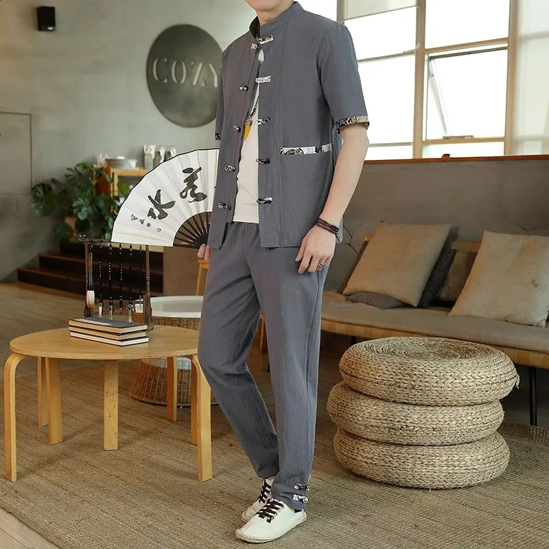 ShirtsPants summer chinese style elastic waist Cardigan Mens set Casual Sets Male Fashion trousers and shirt men size M-5XL 240819