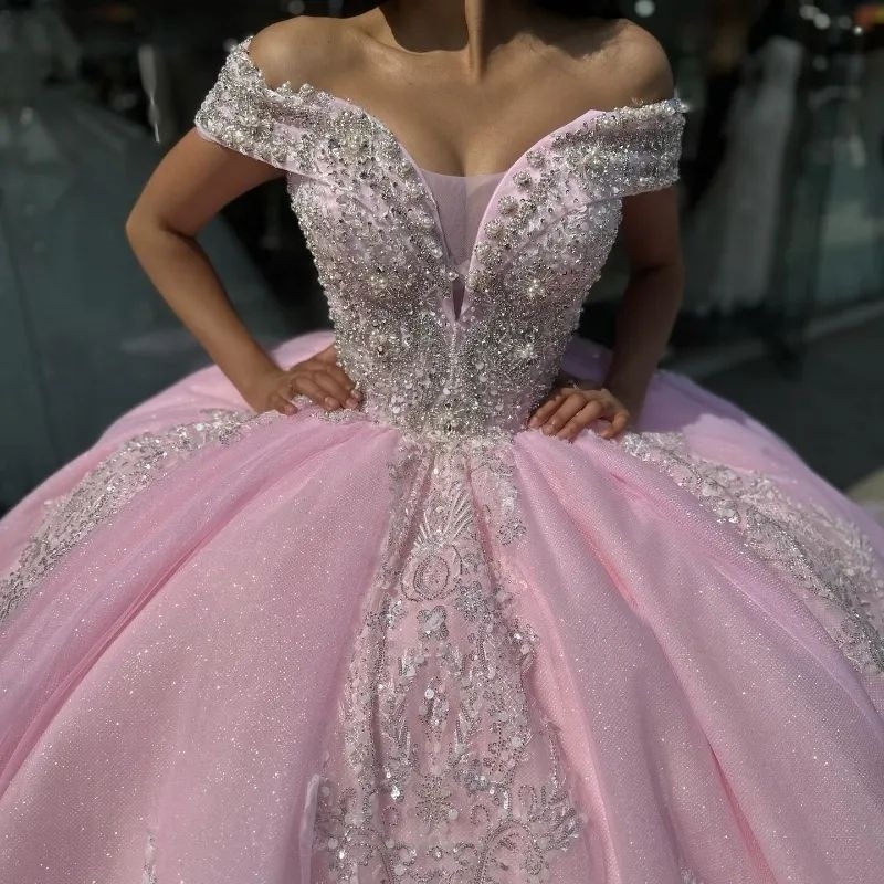 Pink Shiny Quinceanera Off The Shoulder Applique Lace Beads Mexican Vestidos 15 De Princess Sweet 16 Birthday XV Ball Gown Cinderella Girl Dress