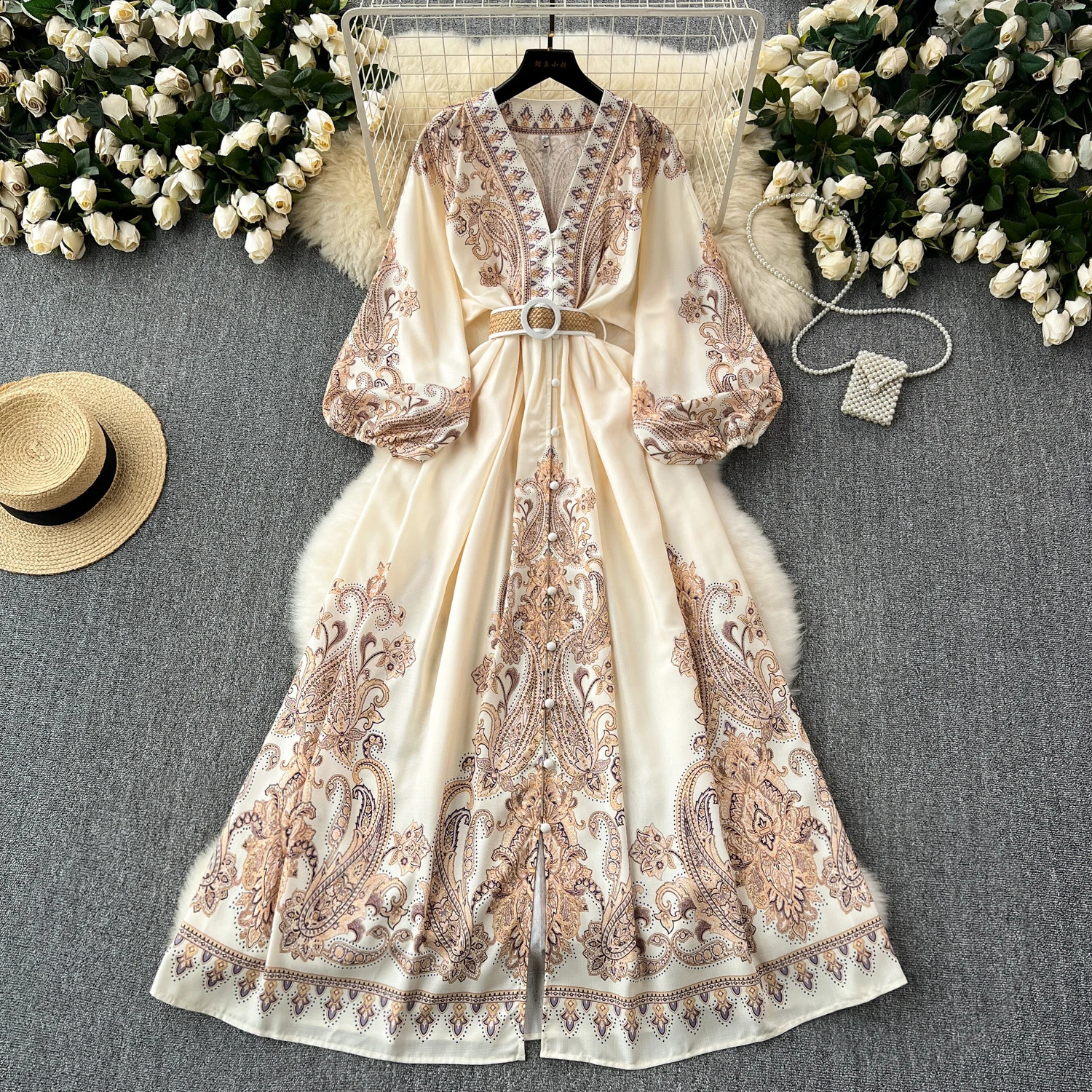 French Vintage Elegant v Neck Puff Sleeve Print Dress A-line Fashion Spring Summer Vestidos Women Dresses