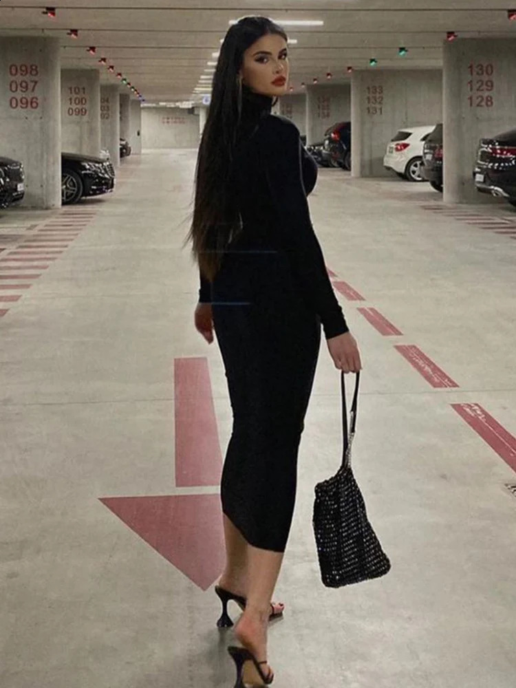 CNYISHE Women Turtleneck Black Sexy Bodycon Maxi Dress Winter Casual Streetwear Costume Casual Going Out Dresses Women Robe 240819