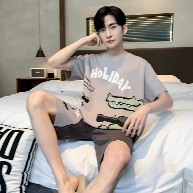 2024 Summer Mens Sleepwear Soft Cotton Home Set Mens Sleepwear Set Pullover Cartoon Boys Mini Casual SleepwearW240719