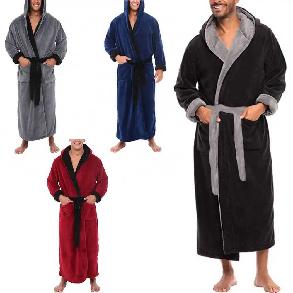 Sleepwear Soft Pocket Mens Coral Velvet Color Block Long Bath Robe Home Dress SleepwearW240719