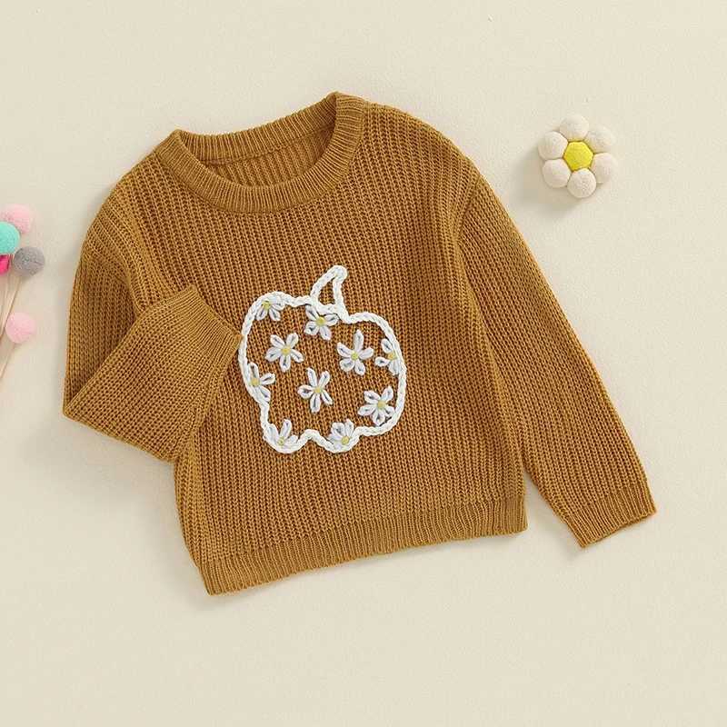 FOCUSNORM 0-3Y Halloween Girl Boy Cute Knitted Sweater Flower Pumpkin Embroidery Staff Neck Long Sleeve Pullup Top W240820
