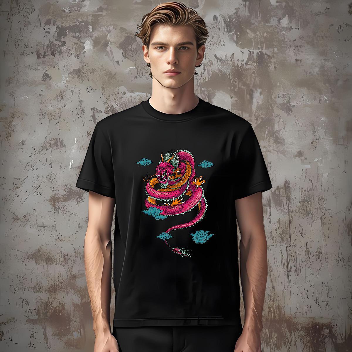 T-Shirts for Men 100% Cotton 230g dragon High Street Hip Hop Crew Neck Skull Mens Tshirts Fashion Cool Wear