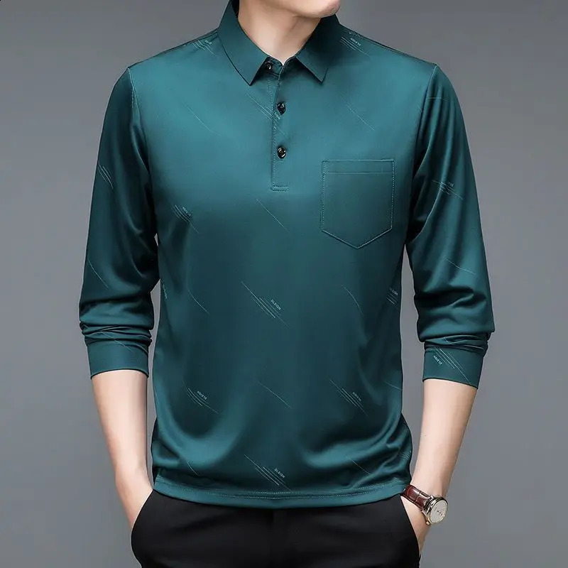 Men Business Fashion Long Sleeve Polo Shirts Spring Autumn Lapel Korean Male Clothes Streetwear Casual Thin Smooth Tops 240820