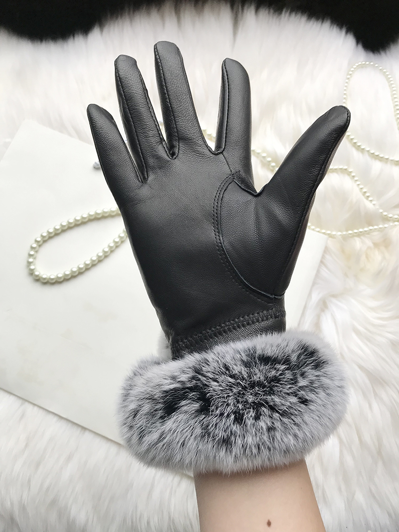 Autumn winter women's genuine leather gloves 100% real rex rabbit fur genuine sheepskin mittens black red blue pink