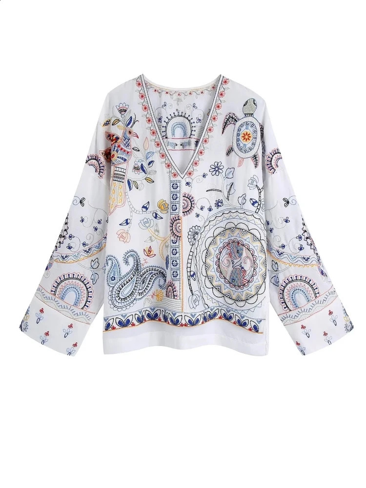 Fitting Fashion in 2024 Embroidered Shirt Womens Retro Bohemian Sapphire Para Mujer V-neck Ultra Thin Shirt for Sale 240820