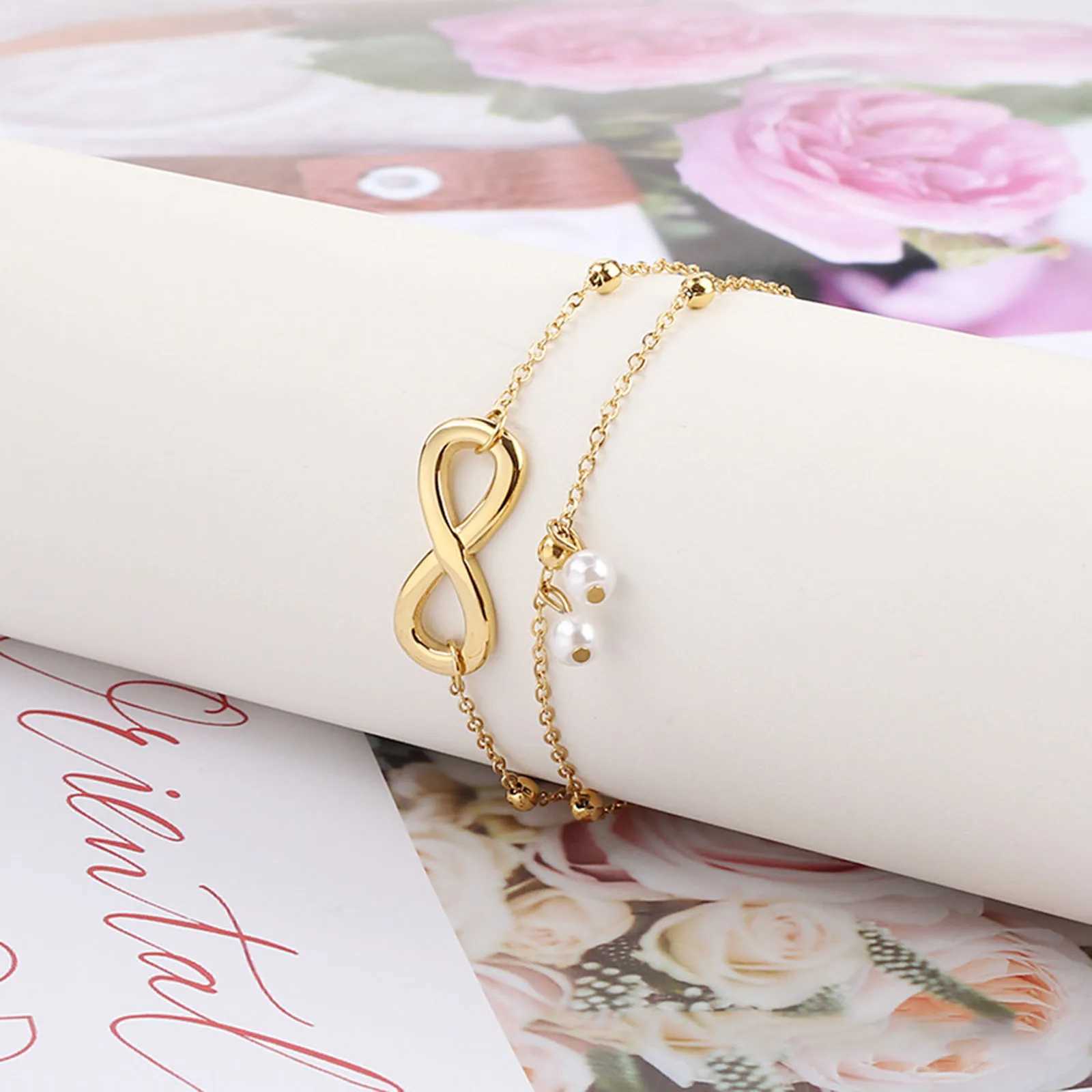 1 piece of 304 stainless steel fashionable connecting rod cable chain multi-layer Anklet imitation pearl infinite symbol 22cm (8 5/8) long W240815