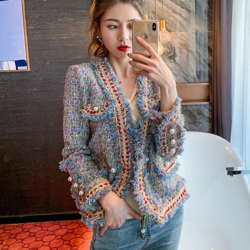 Fashionable womens plaid pleated jacket chunky pearl button golden silk vintage spring and autumn cardigan crop top 240819