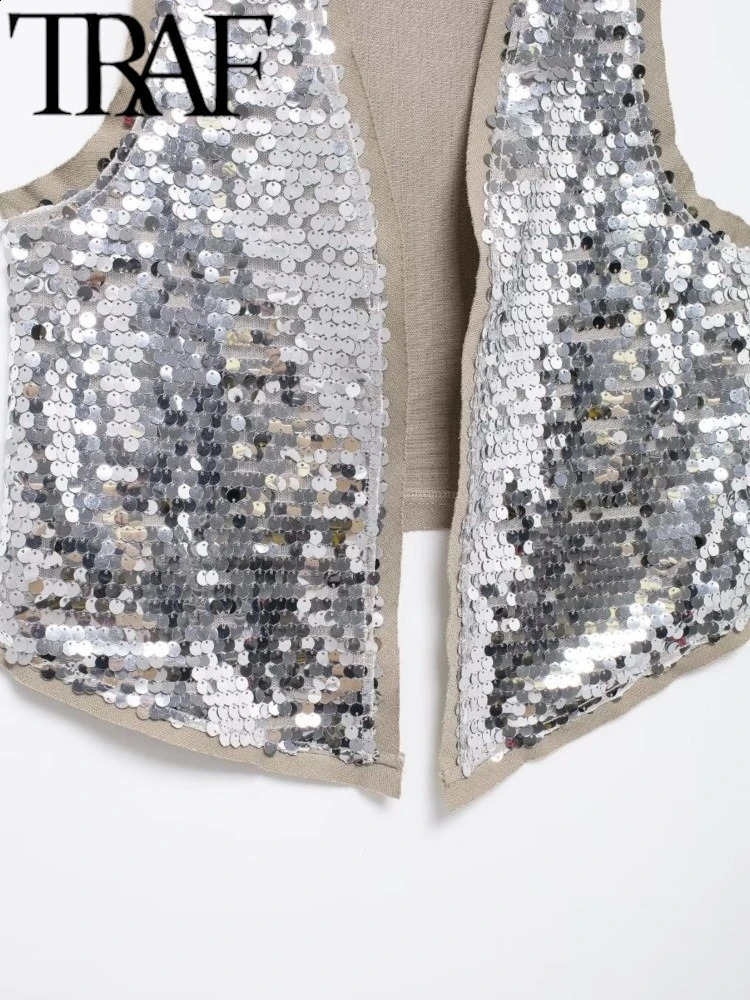 TRAF Sparkling Silver sequin Patch Work Womens Tank Top Summer Vneck Sleeveless Open Front Crop Irregular Y2K 240819