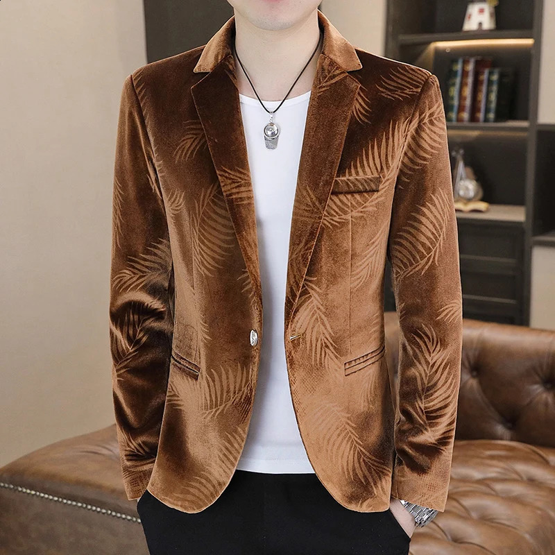 Fashionable mens y gold velvet suit jacket bluekhakipurple trend wedding dance party slim fit dress 240819
