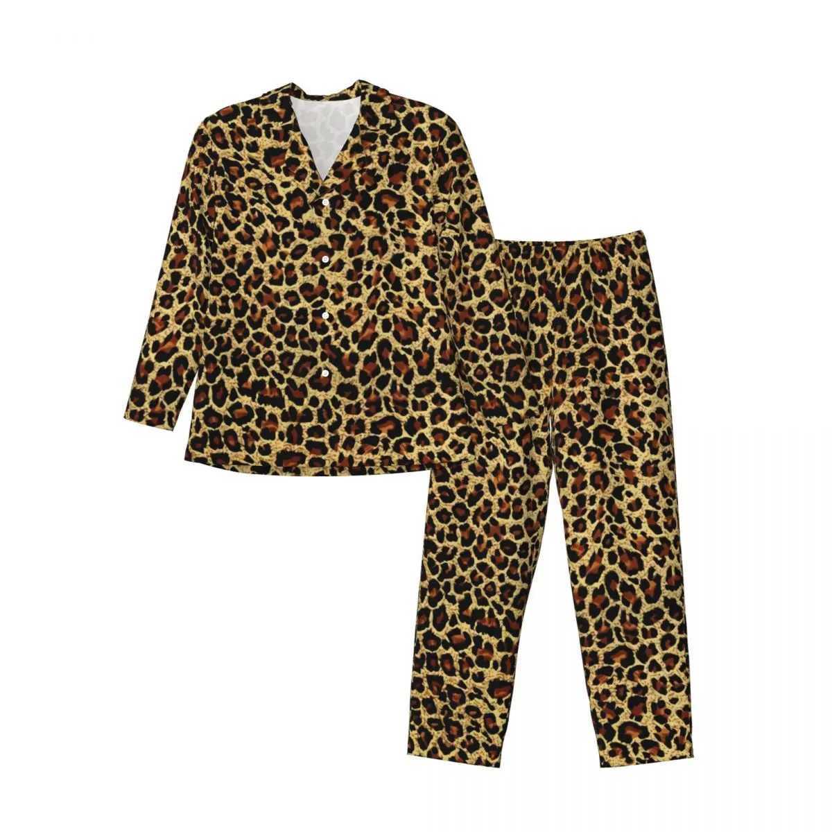 Classic leopard print pajamas autumn retro animal print aesthetic oversized pajamas set mens long sleeved fashionable Japanese graphic pajamasW240719