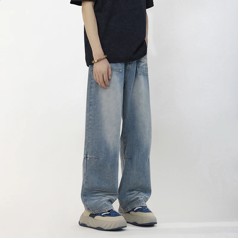 Mens High Street Fashion Baggy Jeans Blue Y2K Four Seasons Comfortable Soft Vintage Casual Straight Denim Pants Streetwear Male 240822