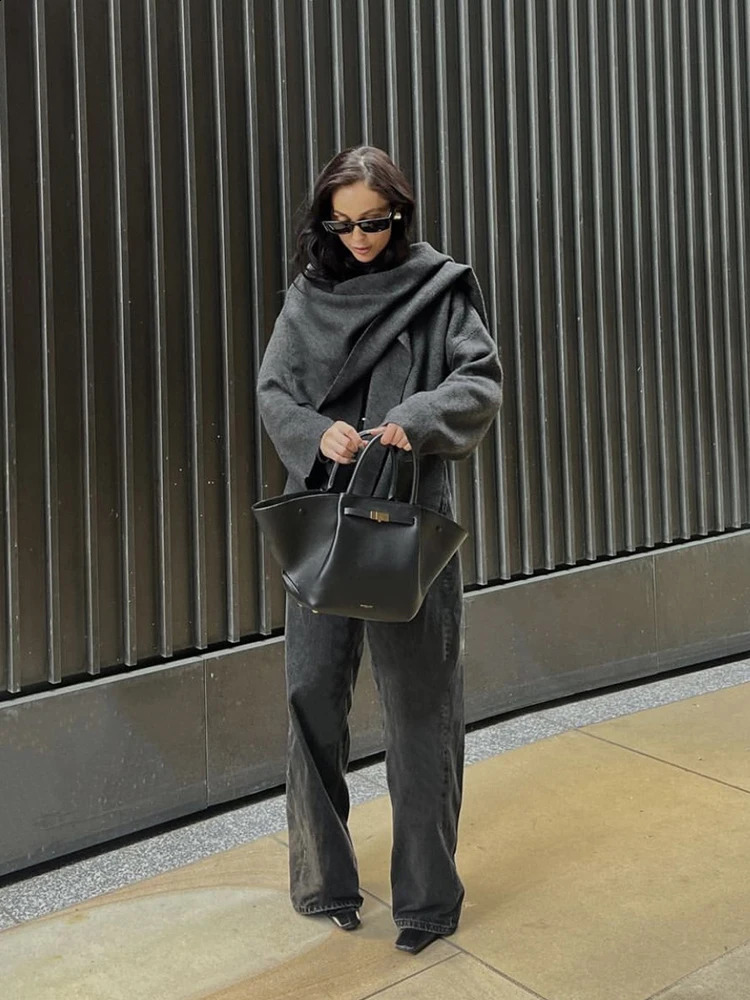 TRAF womens single-breasted chic loose jacket autumn and winter asymmetric scarf solid colour knitted coat jacket 240813