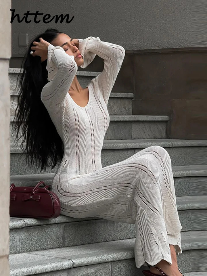 Elegant Knitted Striped Long Dress Women Sexy V-neck Full Sleeve Hollow Out Lace Up Beach Dresses Summer Lady Holiday Robe 240819