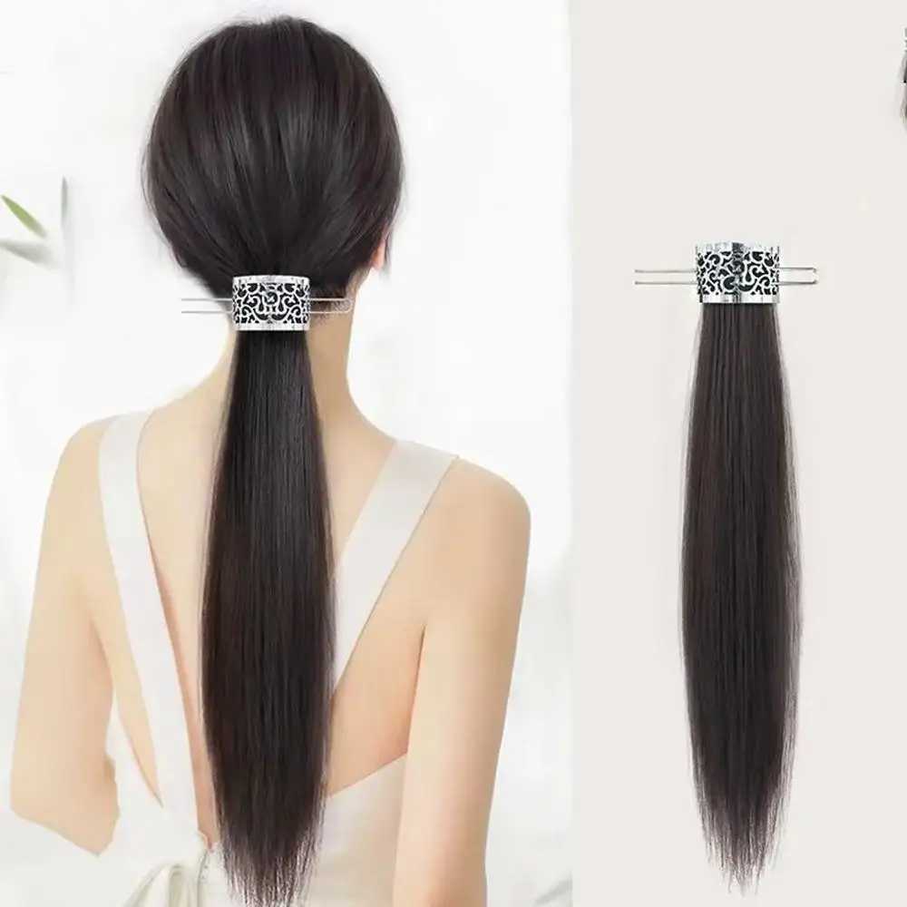 Female synthetic wig metal hollow hair ponytail Chinese style simulation long curly straight hair extension gentle version W240817