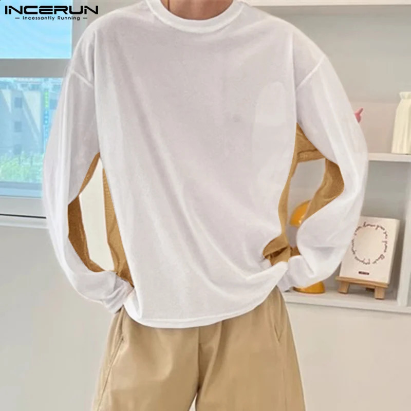 Men T Shirt Mesh Patchwork O-neck Long Sleeve See Through Men Clothing Streetwear Loose Fashion Casual Tee Tops INCERUN 240820
