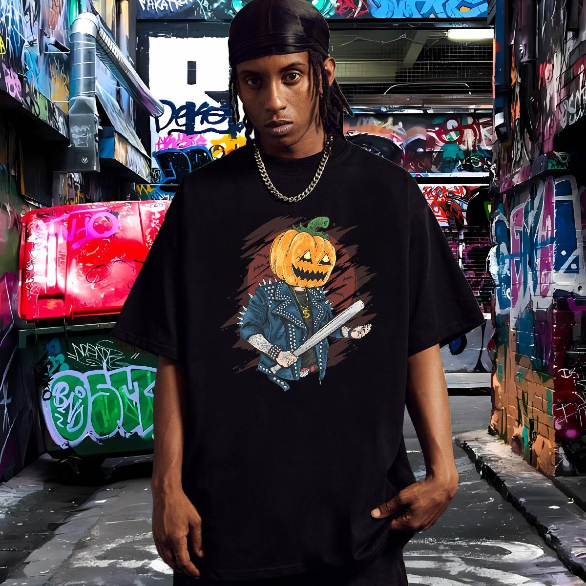 Comfortable T Shirt For Man pumpkin Round Neck Short Sleeve Anime Printing Street Black Oversized 230g Cotton Men Tops Tees Stylist Tops Shirt