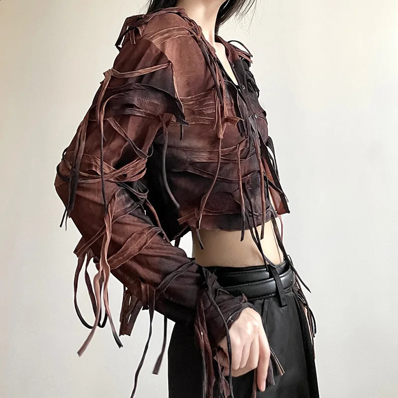 Yangelo Gothic dark patchwork work fringe fairy pleated hooded cardigan womens Y2K retro long sleeved ultrathin button crop top 240814