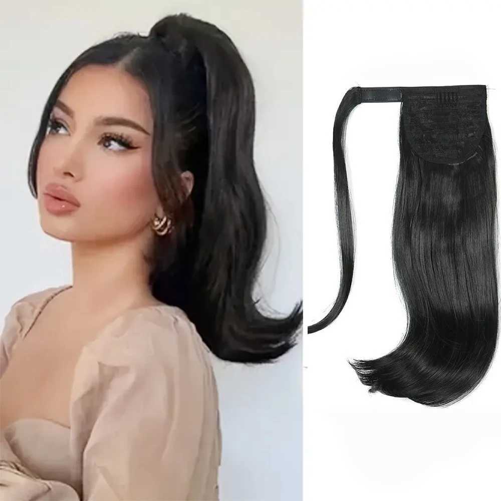 16 inch clip wrap around ponytail synthetic hair extension line straight with slightly curled ends ponytail fake hair W240817