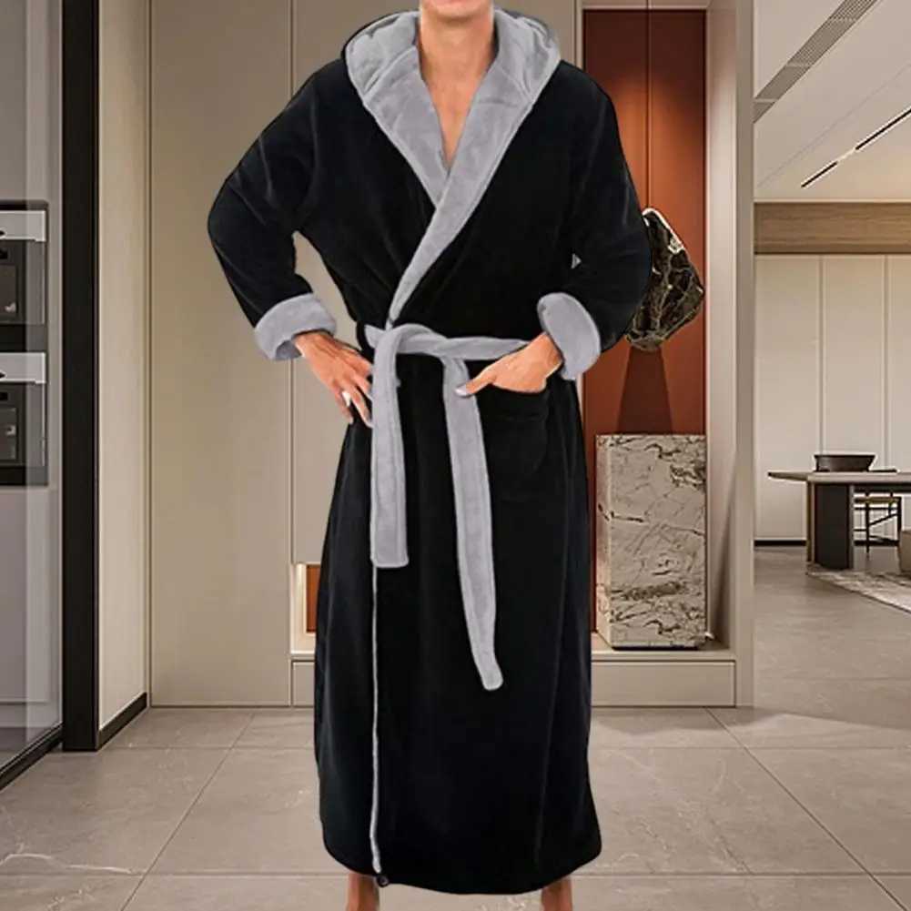 Comfortable plush bathroom soft absorbent mens hooded bathroom with adjustable belt pocket keeping pajamas comfortableW240719