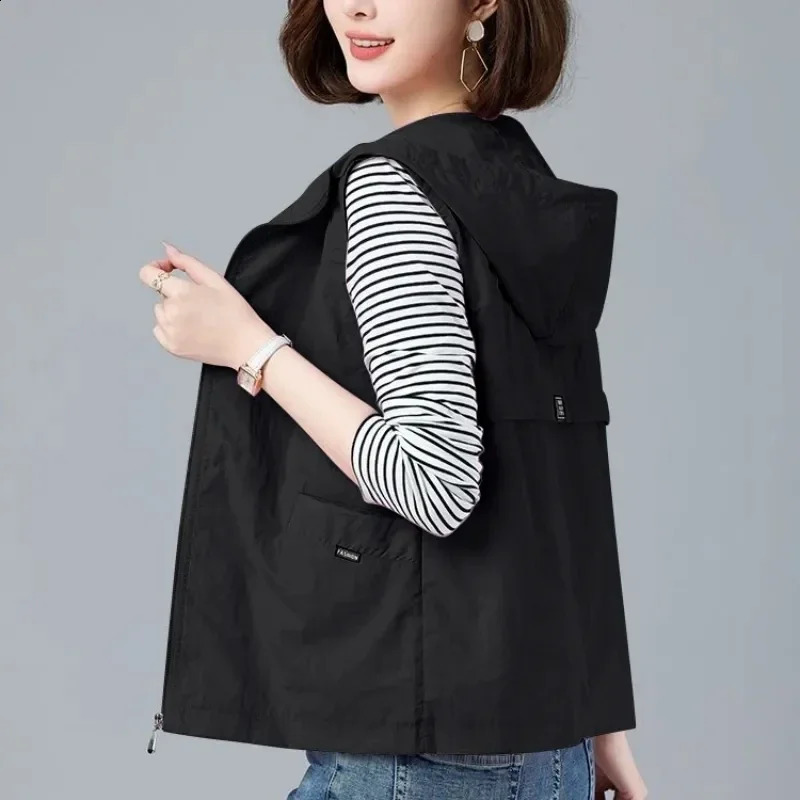 Oversized summer hooded white vest womens casual lining sleeveless jacket basic loose waistband lightweight spring Chalecos Z180 240819
