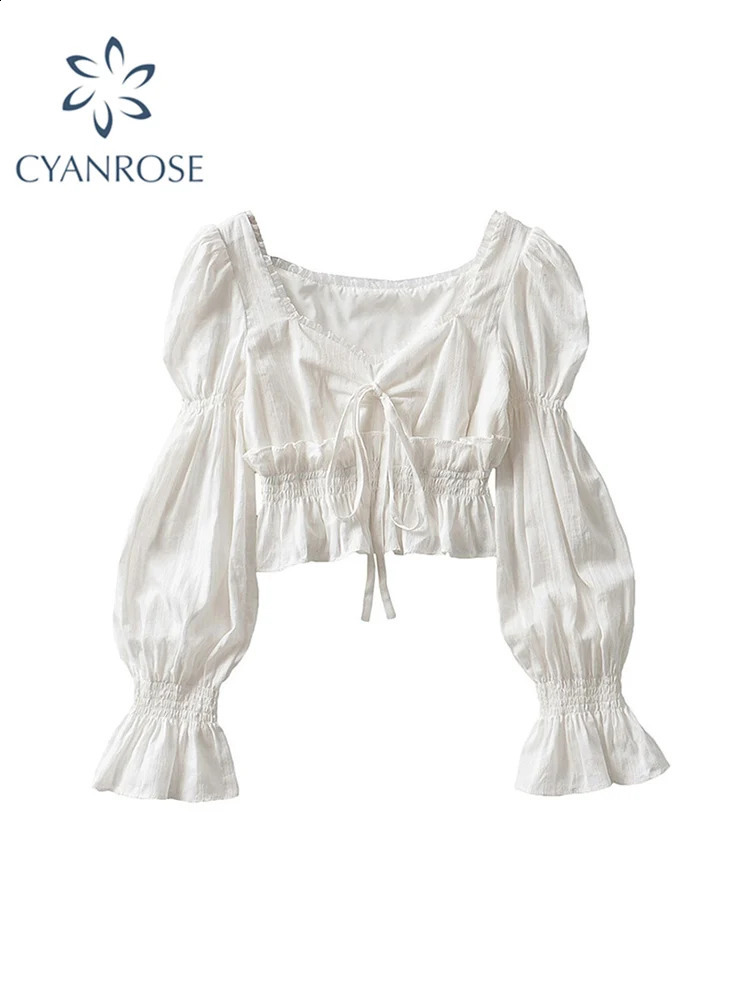 French pleated lantern womens long sleeved shirt springsummer item retro white square collar top 240819