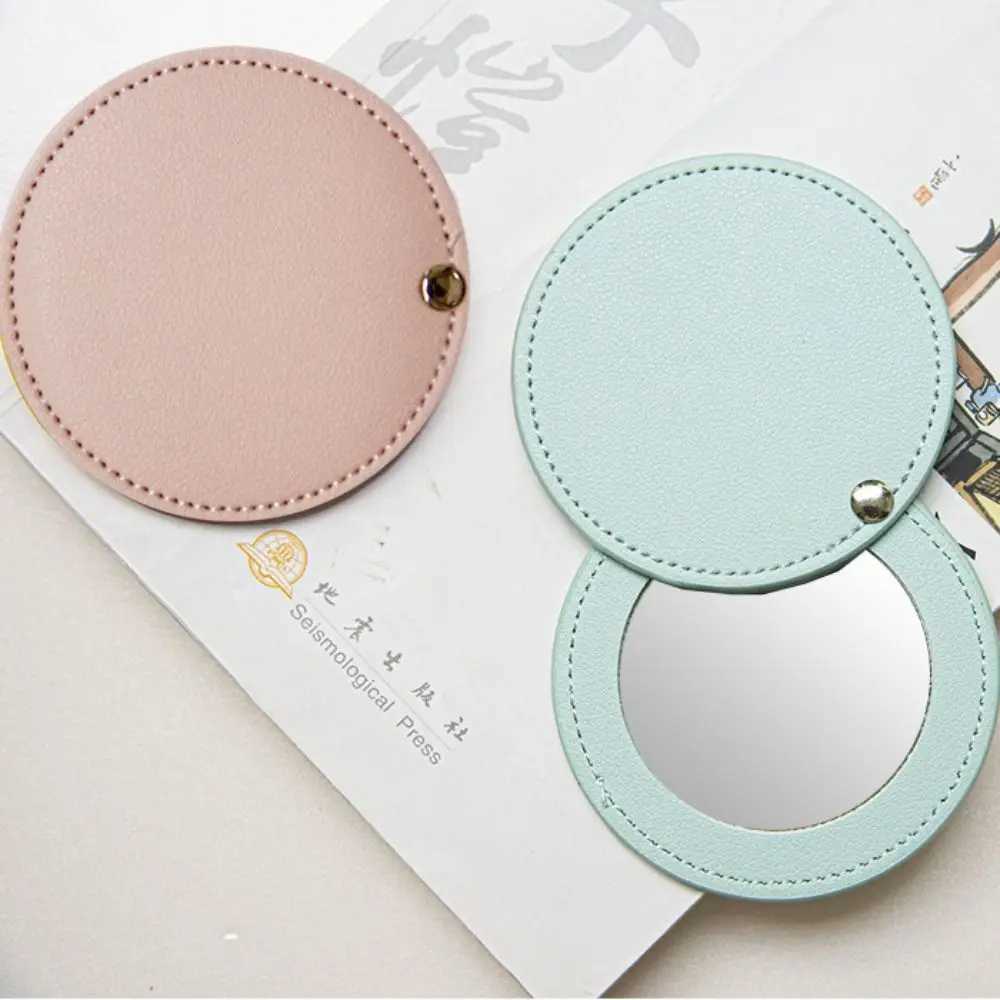 1pc New PU Leather Makeup Mirror Round Ultra-Thin Lightweight Cosmetic Mirror Mini Solid Color Portable Travel Pocket Mirror Y240819