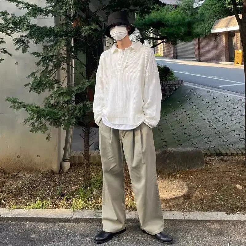 Knit Polo Sweat Shirt Mens Clothing Unicolor T Man Plain Xl Harajuku Fashion 90s Vintage Elasticity Emo One Piece Tee It A Top 240819