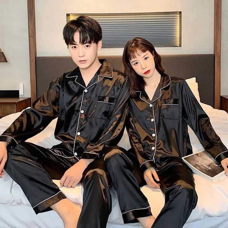 Solid color sleepwear silk satin sleepwear couple set long button down sleepwear set mens casual wear plus size Pj set W241221