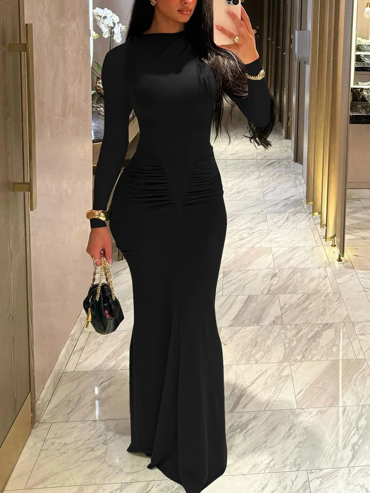 Black Bodycon Dresses for Women Autumn Winter Long Sleeve Sexy Wrap Hip Long Dresses Female High Waist Slimming Party Dress 240819