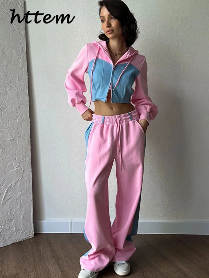 Casual Comparison Hoodie Pants Set Womens Ultra Thin Zipper Short Lace Wide Leg Autumn Fashion Track Clothing 240819