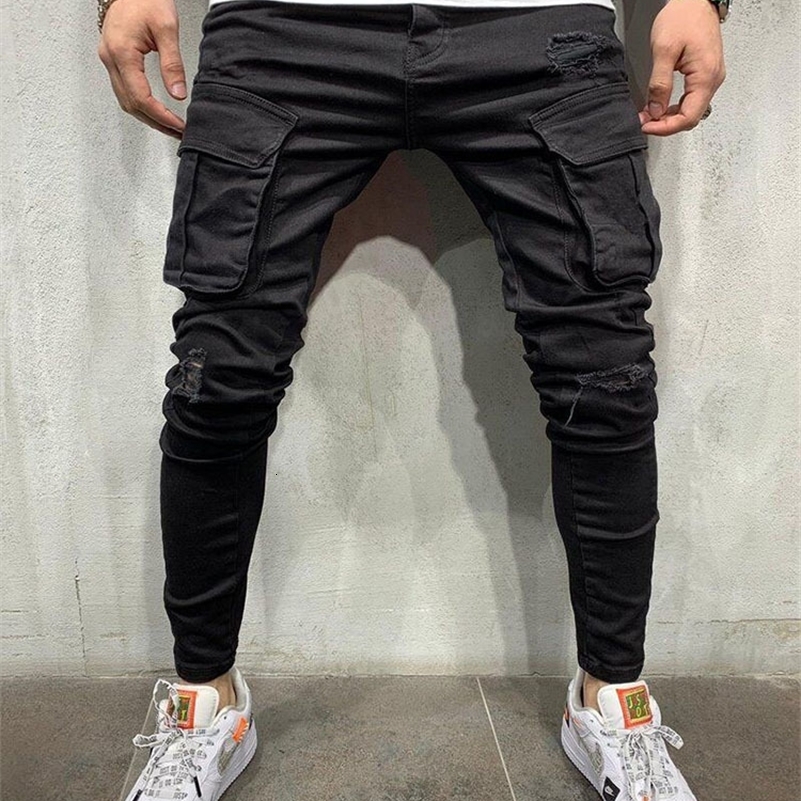 Men Stretchy Multi-pocket Skinny Ripped Jeans Mens Slim Fit Jogger Pencil Pants Fashion jeans Sweatpants Hip hop Trousers 240819