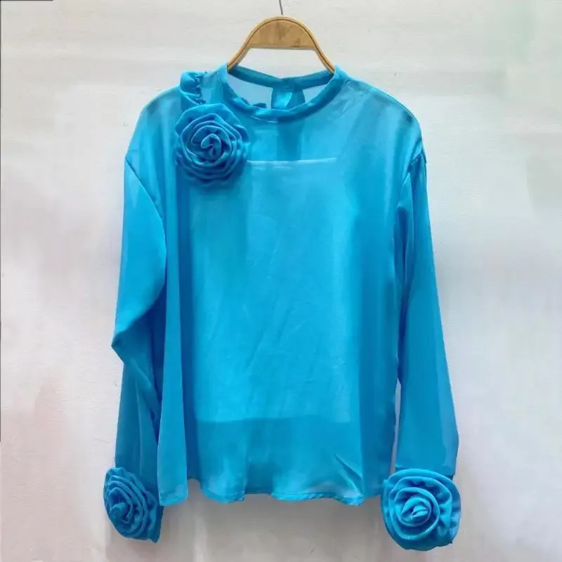 KUSAHIKI Fashion 3D floral top womens fashion Korean elegant bottom shirt autumn long sleeved Blusas Feminina 240819