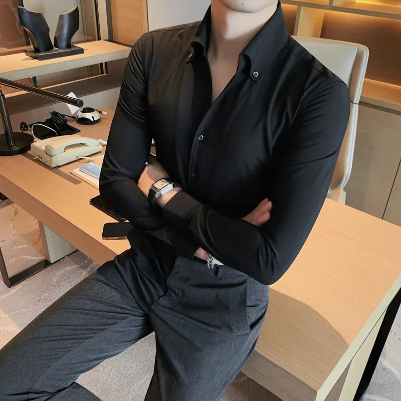 Men Dress Shirt Fashion Long Sleeve Business Social Shirt Male Solid Color Button Down Collar Work White Black Shirt 4XL 240820