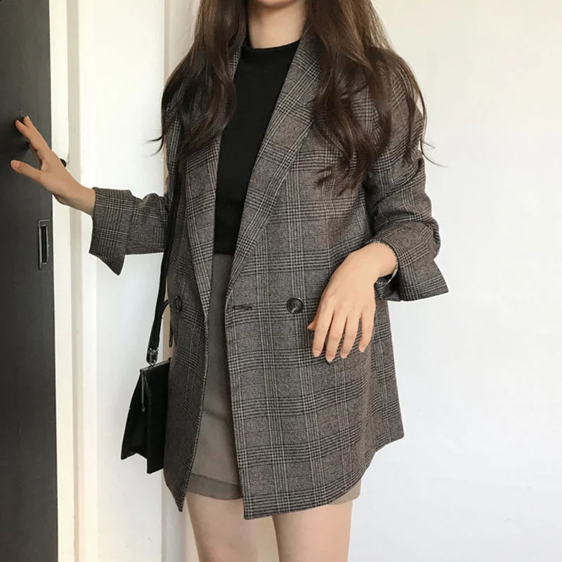 Womens Winter Plain Blazer Jacket Korean Fashion Elegant Solid Thick Double Chest Office Long